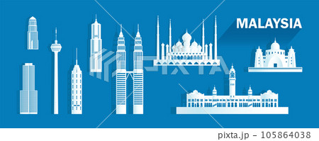 Travel landmarks Malaysia with isolated silhouette architecture on blue background. Travel landmarks Malaysia with isolated silhouette architecture on blue background. 105864038