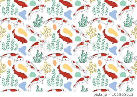 Seamless childish pattern with koi fish. Creative scandinavian kids texture for fabric, wrapping, textile, wallpaper, apparel. Vector illustration background in white. Seamless childish pattern with koi fish. Creative scandinavian kids texture for fabric, wrapping, textile, wallpaper, apparel. Vector illustration background in white. 105865012