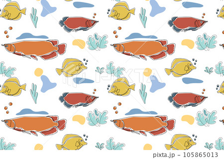 Seamless childish pattern with arowana fish. Creative scandinavian kids texture for fabric, wrapping, textile, wallpaper, apparel. Vector illustration background in white. 105865013