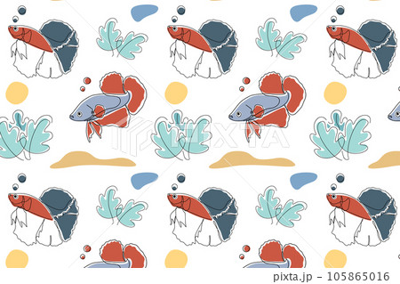 Seamless childish pattern with funny Siamese fighting fish. Creative scandinavian kids texture for fabric, wrapping, textile, wallpaper, apparel. Vector illustration background in white. 105865016