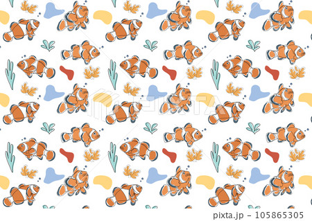 Seamless childish pattern with clown fish. Creative scandinavian kids texture for fabric, wrapping, textile, wallpaper, apparel. Vector illustration background in white. Seamless childish pattern with clown fish. Creative scandinavian kids texture for fabric, wrapping, textile, wallpaper, apparel. Vector illustration background in white. 105865305