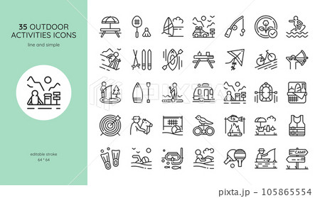 Outdoor Activities Icon Set: Picnic, Camping, Surfing, Skiing, Rafting, Archery, SUP, Horse Riding, Fishing, Shooting, Hunting, Swimming, and More. Editable Vector Summer and Winter Signs Collection. Outdoor Activities Icon Set: Picnic, Camping, Surfing, Skiing, Rafting, Archery, SUP, Horse Riding, Fishing, Shooting, Hunting, Swimming, and More. Editable Vector Summer and Winter Signs Collection. 105865554