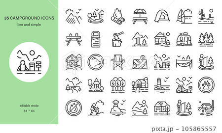 Campground Icon Set: From Camping Sites, Camp Tents and Cabins to Off Grid Views and Forest Animals Badges. Editable Vector Icons Sheet. Perfect for  105865557