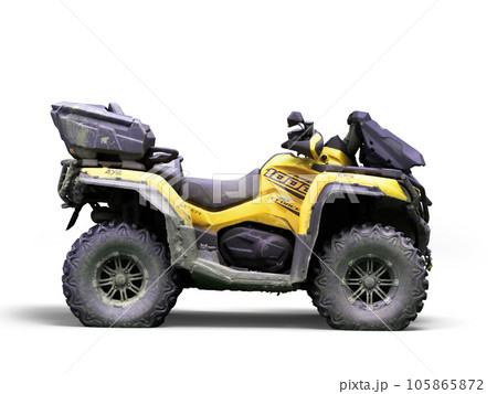 Four quad yellow bike right side view 3d render on white Four quad yellow bike right side view 3d render on white 105865872