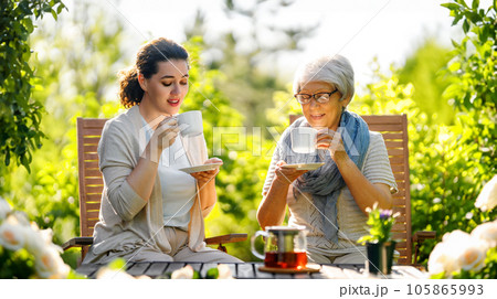 women drinking tea in the garden women drinking tea in the garden 105865993