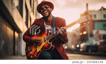 ギタリストが夕方に路上ライブ Guitarist street performance AI生成画像 105866146