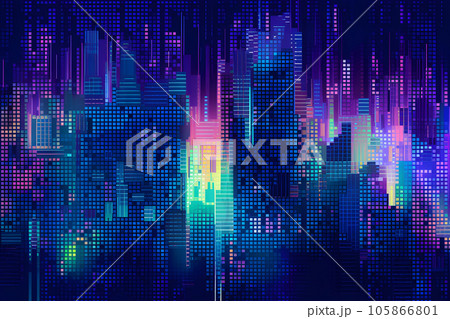 Night city cyberpunk neon pixel background with high buildings. Modern skyscrapers in city. Generative ai 105866801