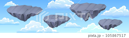 Gray stone floating islands in sky with clouds 105867517