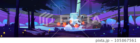 Night fantasy forest with magic waterfall vector 105867561