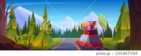 Car with luggage on top driving forest highway 105867564