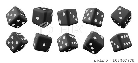 Realistic set of 3D black dice isolated on white Realistic set of 3D black dice isolated on white 105867579