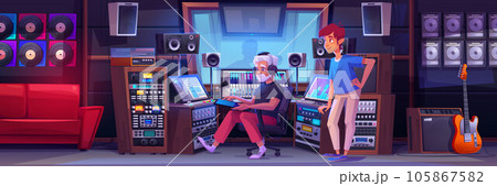 Man producer in sound record studio room cartoon Man producer in sound record studio room cartoon 105867582
