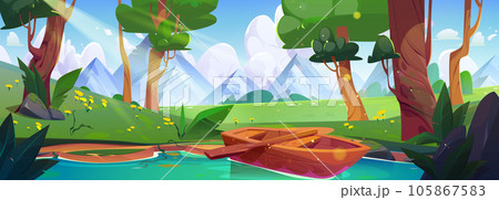 Lake in forest with boat mountain nature vector Lake in forest with boat mountain nature vector 105867583