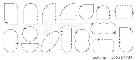 Aesthetic frames and shapes with stars. Minimal y2k outline graphic design with sparkles. Abstract arches borders. Trendy boho geometric templates set. Vector illustration. Aesthetic frames and shapes with stars. Minimal y2k outline graphic design with sparkles. Abstract arches borders. Trendy boho geometric templates set. Vector illustration. 105867734