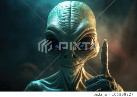 Alien humanoid shows a raised finger. Friendly alien. 105869227