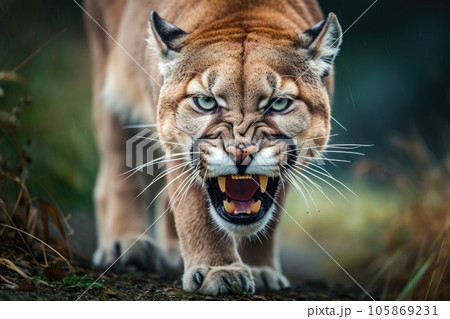 Roaring cougar or mountain lion hunts its prey 105869231