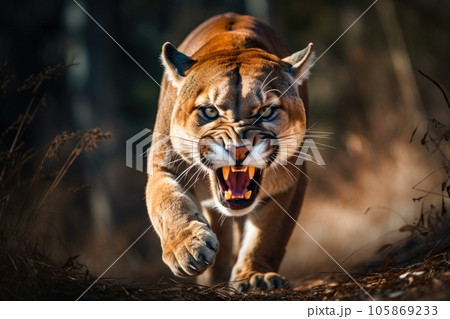 Angry cougar or mountain lion hunts its prey 105869233