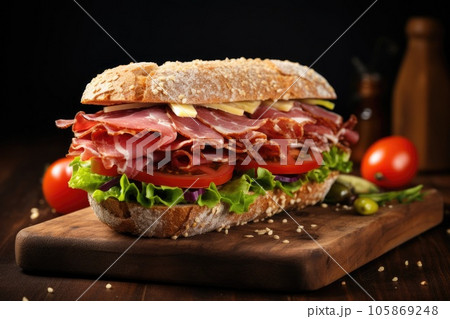 Sandwich with prosciutto, tomato and cheese on a wooden rustic background. Sandwich with prosciutto, tomato and cheese on a wooden rustic background. 105869248