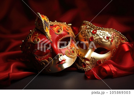 Festive Venetian carnival mask with gold decorations on red background. Festive Venetian carnival mask with gold decorations on red background. 105869303