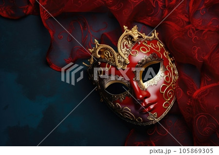 Festive Venetian carnival mask with gold decorations on red background. 105869305
