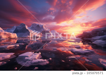 南極の流氷と美しい夕焼け：AI作品 105870571
