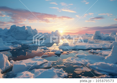 流氷の漂う海と水平線に沈む太陽：AI作品 105870573
