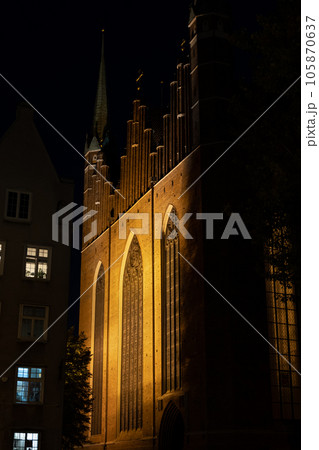 Gothic Facade Of St Mary Basilica In Gdansk At Night 105870637