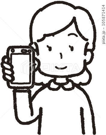 右手にスマホを持つ女性の上半身線画イラスト 右手にスマホを持つ女性の上半身線画イラスト 105871414