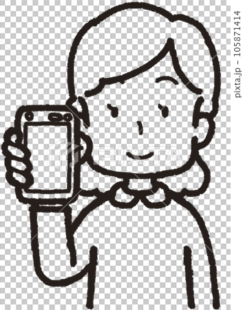 右手にスマホを持つ女性の上半身線画イラスト 右手にスマホを持つ女性の上半身線画イラスト 105871414