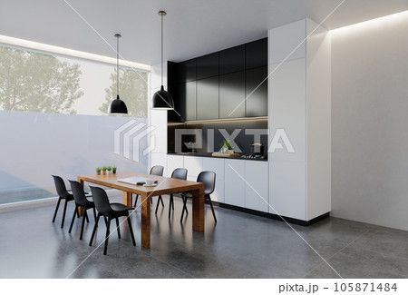 Minimal black and white kitchen with dining table. 3D illustration rendering Minimal black and white kitchen with dining table. 3D illustration rendering 105871484
