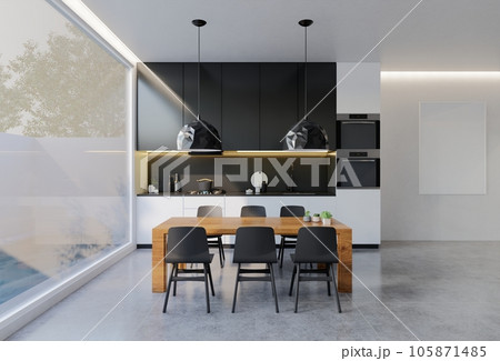 Minimal black and white kitchen with dining table. 3D illustration rendering Minimal black and white kitchen with dining table. 3D illustration rendering 105871485