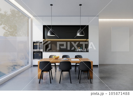 Minimal black and white kitchen with dining table. 3D illustration rendering 105871488
