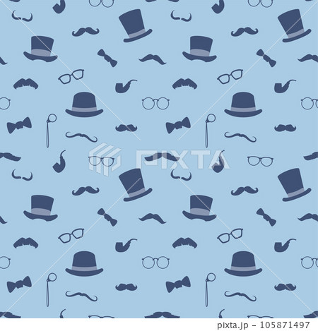 Seamless vector pattern with glasses, bowler hat, mustaches, bow tie and smoking pipe, gentleman masquerade flat element 105871497