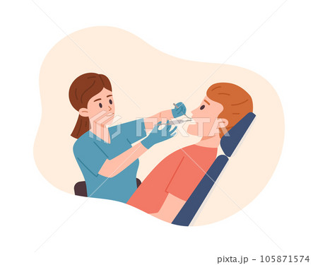 Doctor doing local anesthesia prick injection in the mouth dental treatment patient in chair vector cartoon illustration 105871574