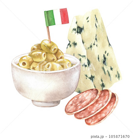 Green olives, blue cheese, salami. Watercolor illustration.Clip art tasteless italy food. Hand-drawn Isolated on a white background.For stickers, prints, menus, cookbooks, gastronomic travel booklets 105871670