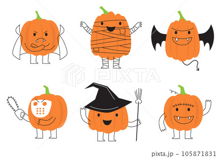 Set of pumpkin with halloween costume . line art cartoon character design . Vector . Set of pumpkin with halloween costume . line art cartoon character design . Vector . 105871831