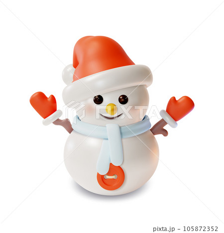 3d Christmas Snowman Character with Xmas Hat and Scarf Cartoon Style Isolated on a White Background. Vector illustration 105872352