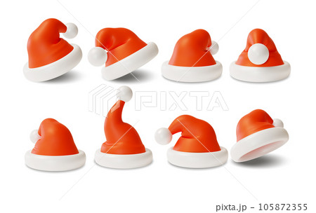 3d Different Red Santa Hats Set Cartoon Style Symbol of New Year and Christmas Holiday Isolated on a White Background. Vector illustration of Xmas Hat 3d Different Red Santa Hats Set Cartoon Style Symbol of New Year and Christmas Holiday Isolated on a White Background. Vector illustration of Xmas Hat 105872355