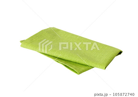 Green textile napkin isolated on white background. Folded decorative kitchen cotton towel. Top view 105872740
