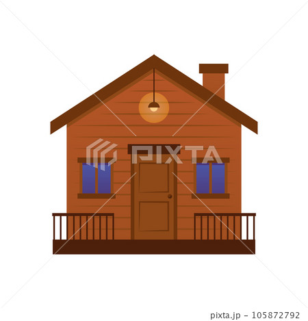 Wooden house with door windows and terrace, lamp is lit on the porch, small brown home vector flat isolated illustration 105872792