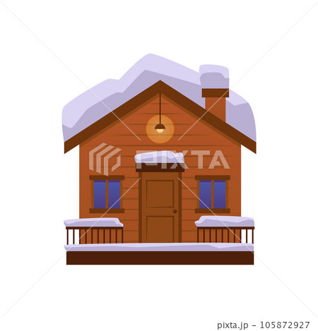 Wooden house with snow on roof and railing flat style, vector illustration Wooden house with snow on roof and railing flat style, vector illustration 105872927