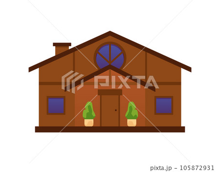 Wooden house exterior with plants on porch, flat vector illustration isolated on white background. 105872931