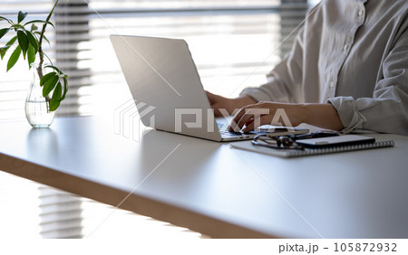 自宅で在宅ワークをする女性　PC 105872932