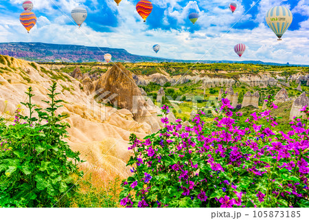 Cappadocia, Turkiye - July 06, 2023-Air balloons in Cappadocia - Valley of Love, Turkiye. 105873185