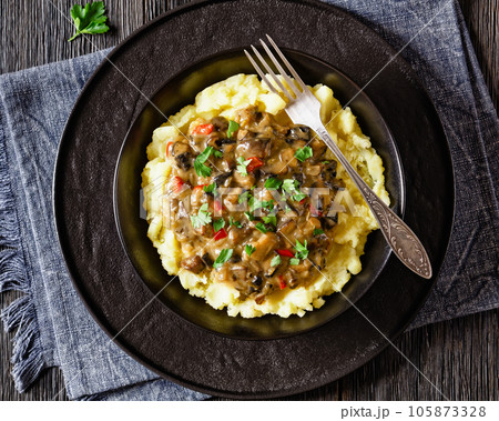 potato mash topped with mushroom gravy in bowl 105873328