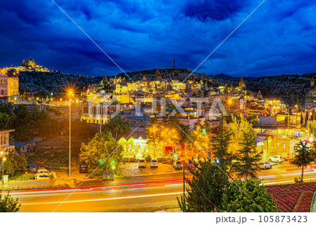 Cappadocia. Night view of Goreme village in the national park. 105873423