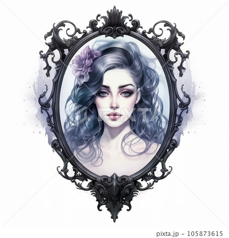 Victorian woman watercolor portrait in black frame. Halloween clipart, isolated. 105873615