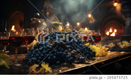 Still life of black grapes and red wine. Illustration AI 105873725