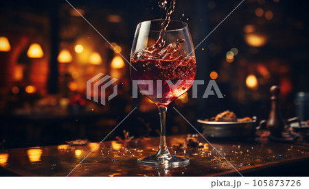 Recreation of red or pink wine falling in a crystal cup. Illustration AI 105873726