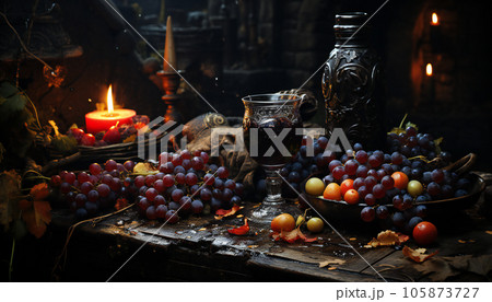 Still life of red grapes and red wine in a crystal ancient cup. Illustration AI 105873727